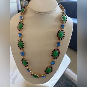 Colorful Statement Necklace Green Blue Pink Rhinestone Gold Tone